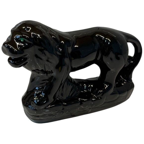 Vtg MCM Black Ceramic Stalking Lion Cat Figurine Green Eyes 9” Gloss Art Rare - Picture 3 of 16